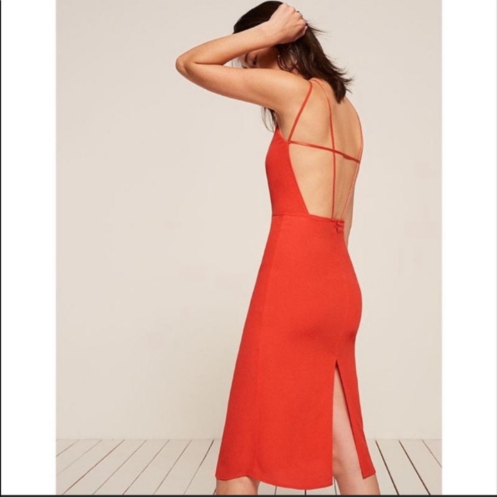 REFORMATION Red Midi Sanibel Dress in Fruit Punch